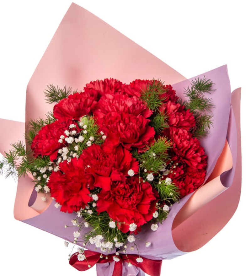 Lüks Lila Pembe Bukette Kırmızı Karanfiller