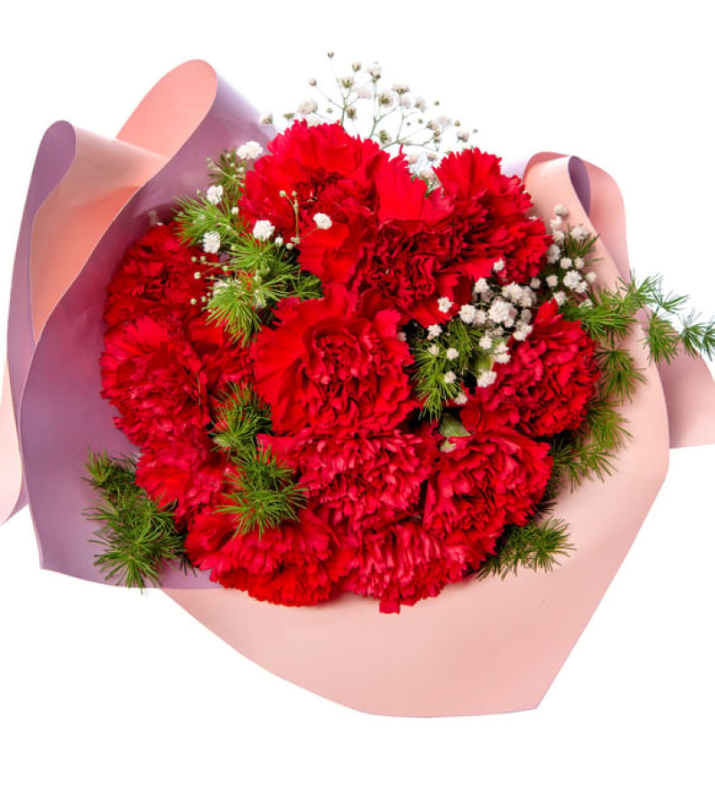 Lüks Lila Pembe Bukette Kırmızı Karanfiller