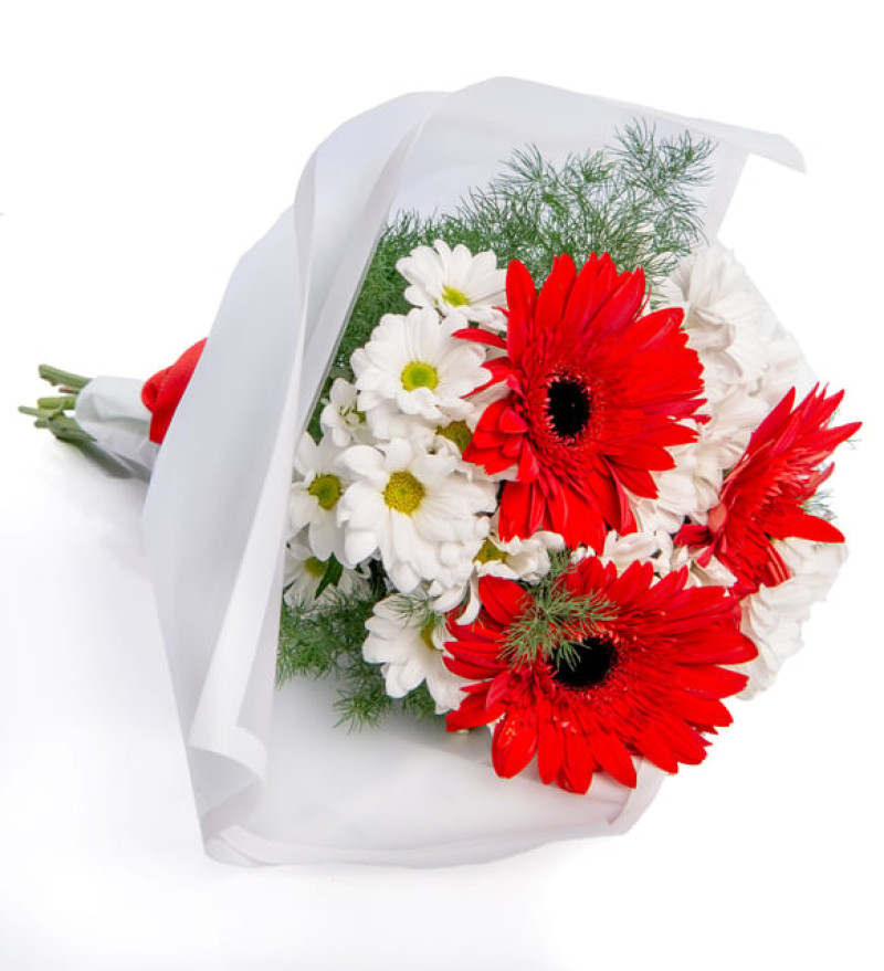 Romantik Beyaz Papatya ve Kırmızı Gerbera Çiçek Buketi
