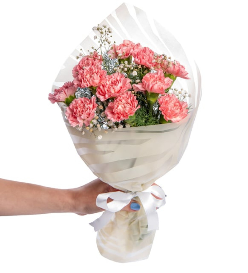 Romantik Leopar Krem Bukette Pembe Karanfiller ve Cipsolar