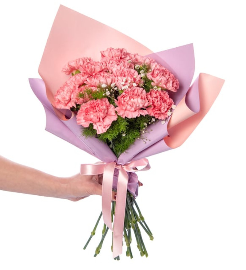 Özel Lila Pembe Bukette Pembe Karanfiller