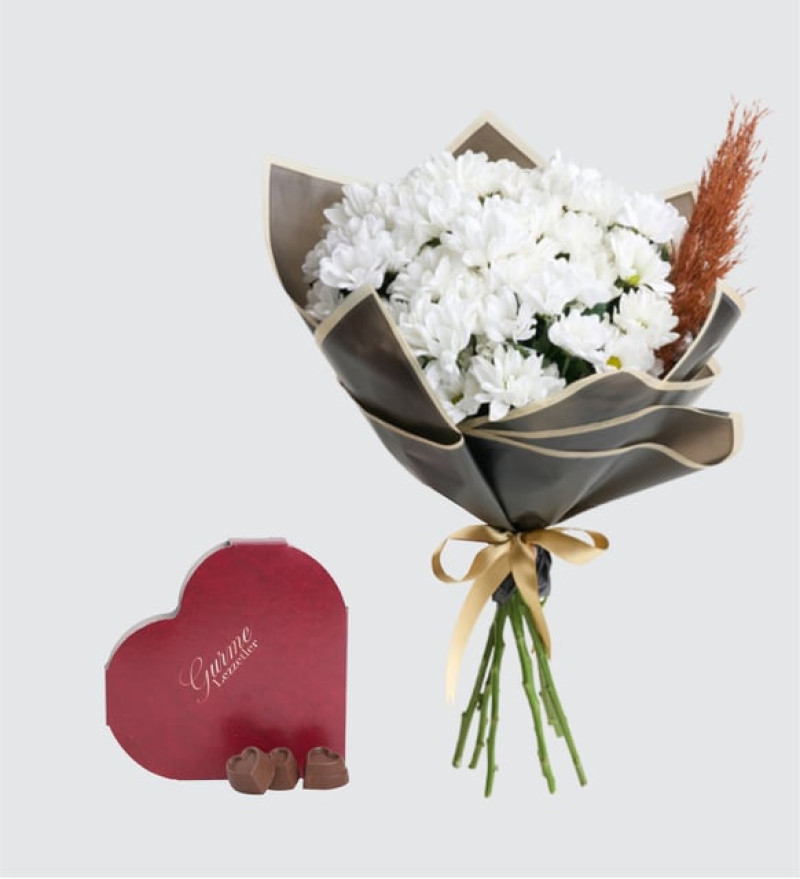 Premium Beyaz Papatya Buketi ve Kalpli Gurme Lezzetler