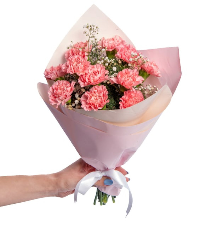 Premium Pudra Bukette Pembe Karanfiller ve Cipsolar